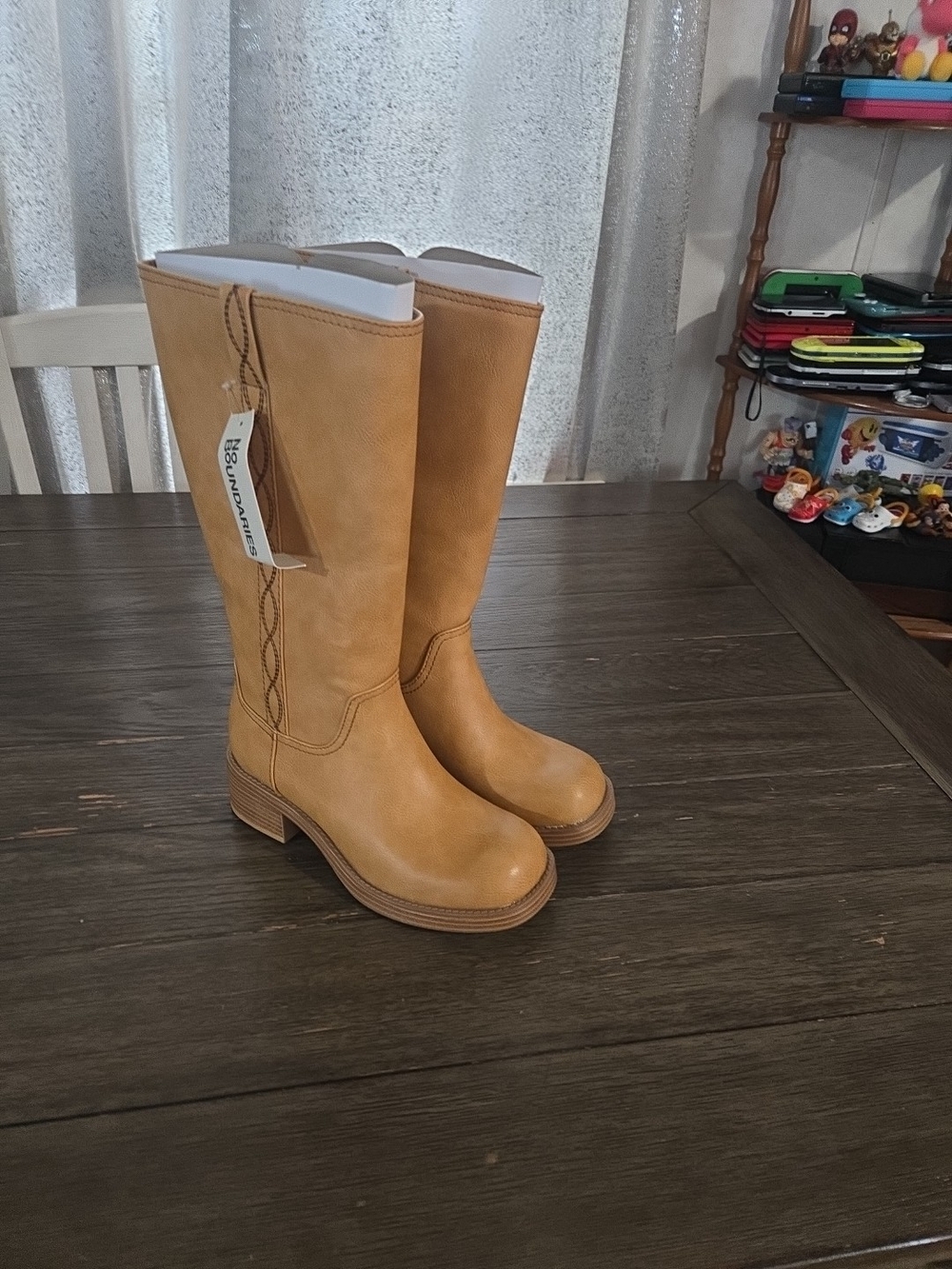 Knee-High Tan Block Heel Riding Boots - Picture 14 of 14